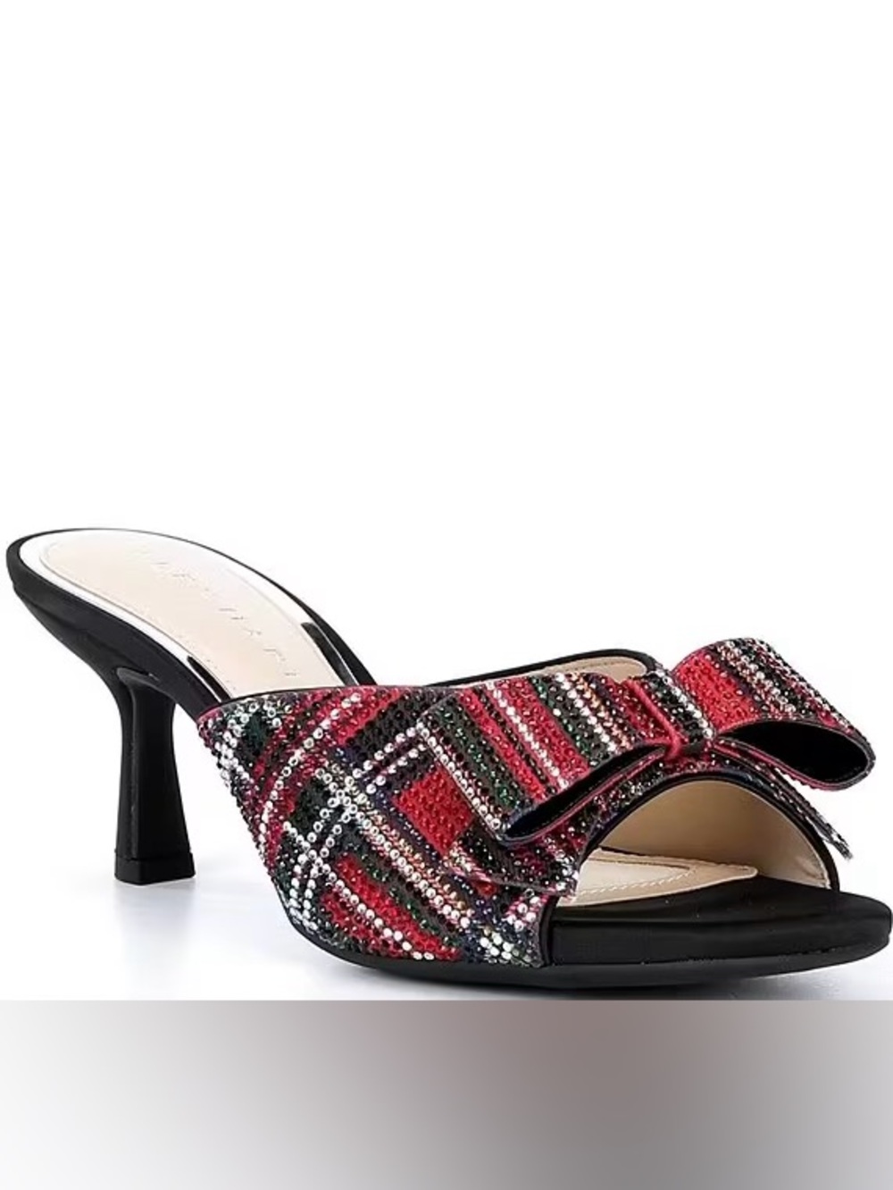 Alex Marie Bridget Red Plaid Rhinestone Bow Slide Mule Heels Sandals 7.5M